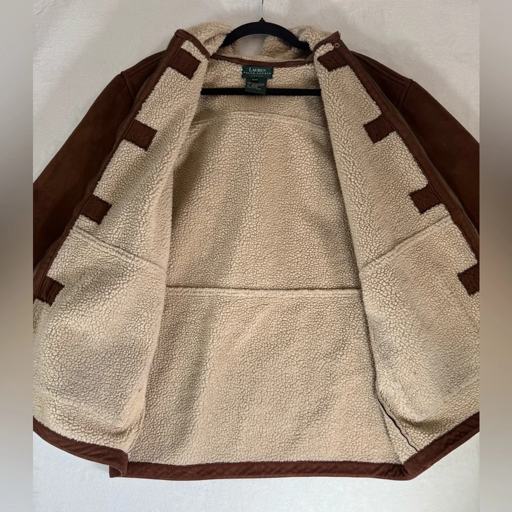 Ralph Lauren Duffle Coat Petite Medium Brown Faux Suede Sherpa Lined Hood Toggl